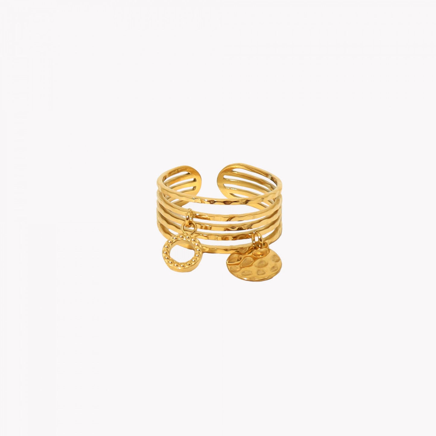 Anel aço Ajustável, dourado, com dois pendentes circulares