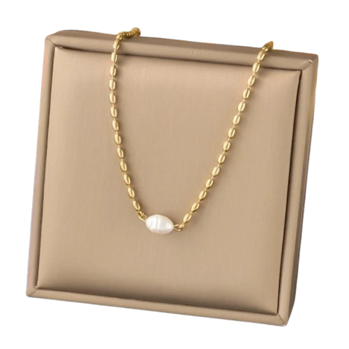 Colar em Aço corrente de Feijão com Pérola