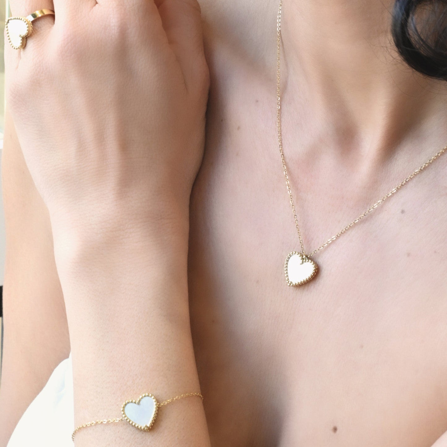 Conjunto L&L Aço - Colar e pulseira coração textura e madrepérola - L&L Aço