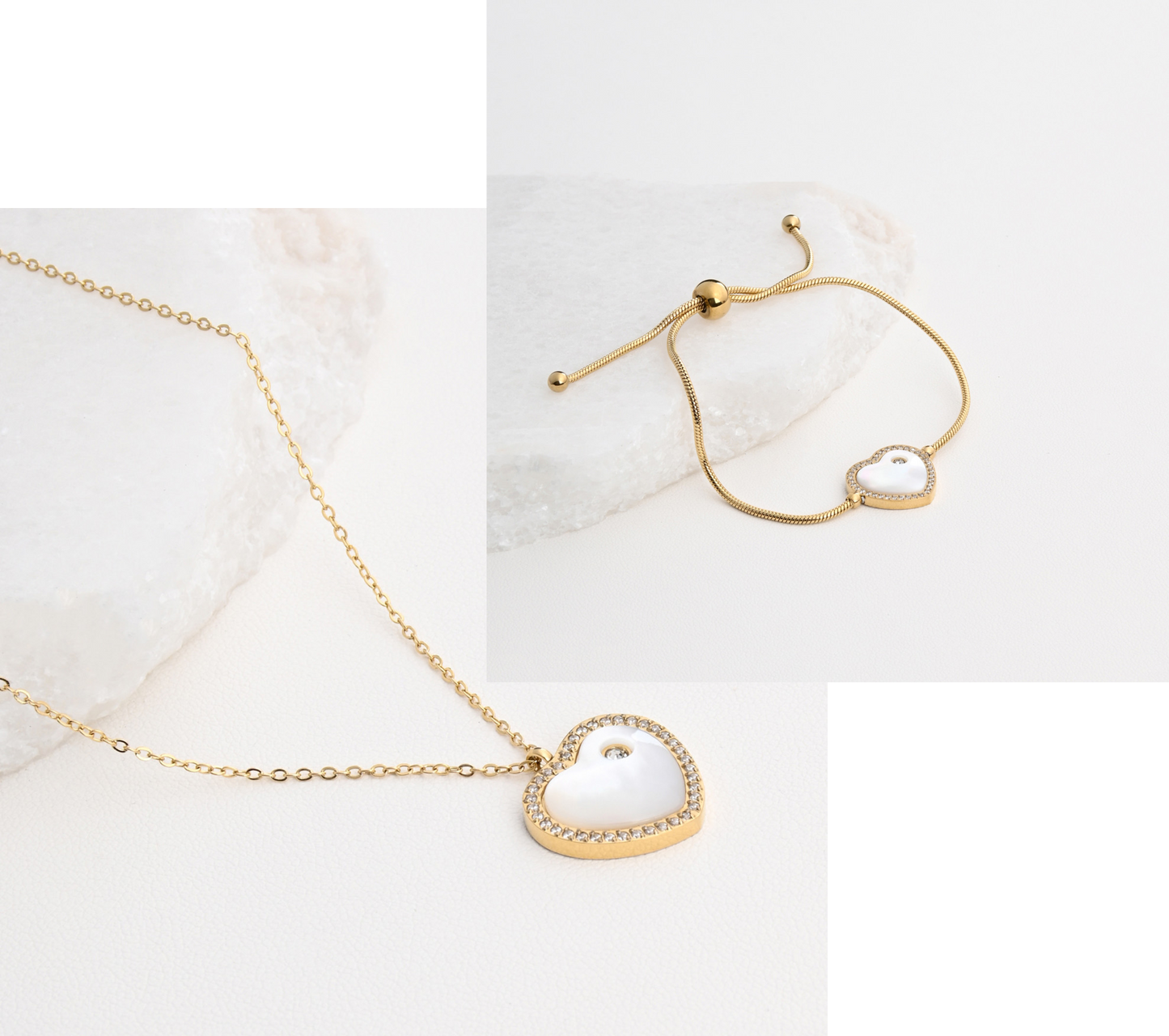 Conjunto L&L Aço -Colar e pulseira com madrepérola coração e zircônias - L&L Aço