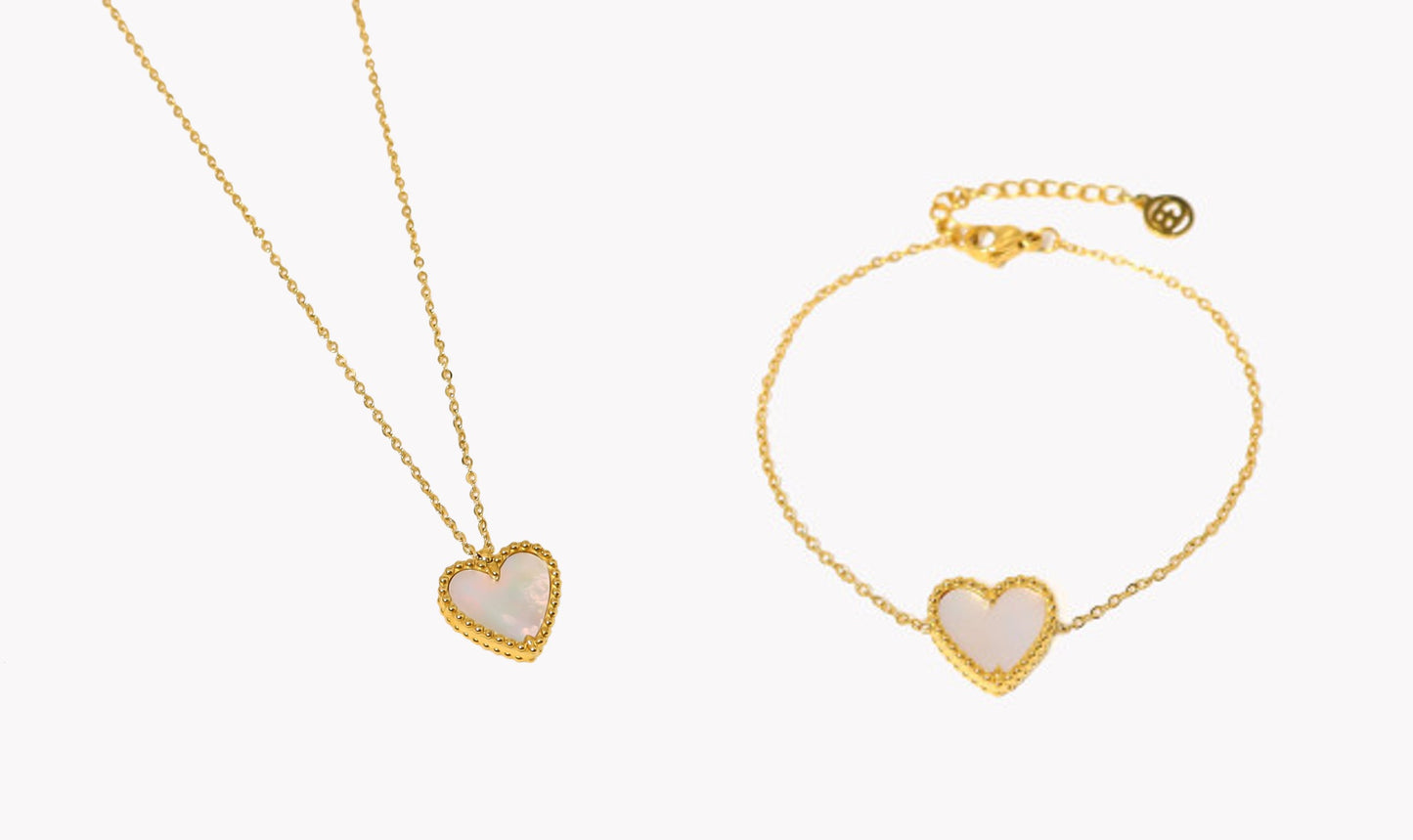 Conjunto L&L Aço - Colar e pulseira coração textura e madrepérola - L&L Aço