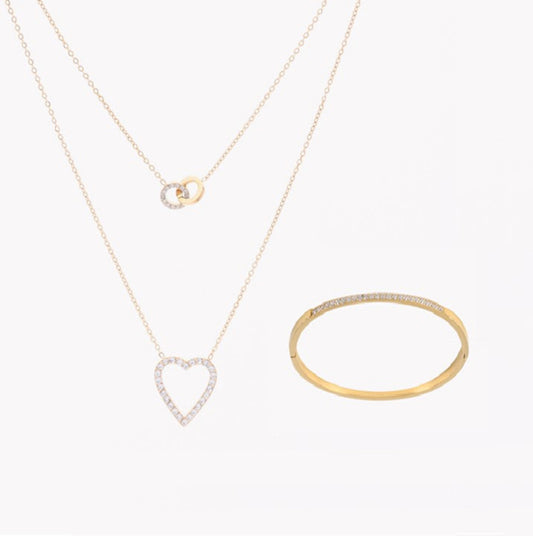 Conjunto L&L Aço  de Colar e pulseira em aço com zircônias em cor dourado